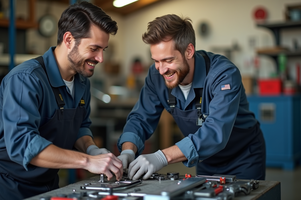 Apprenti en mécanique travaillant avec un mentor dans un atelier lumineux