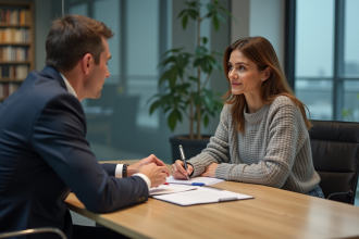 Femme et homme en discussion dans un bureau moderne