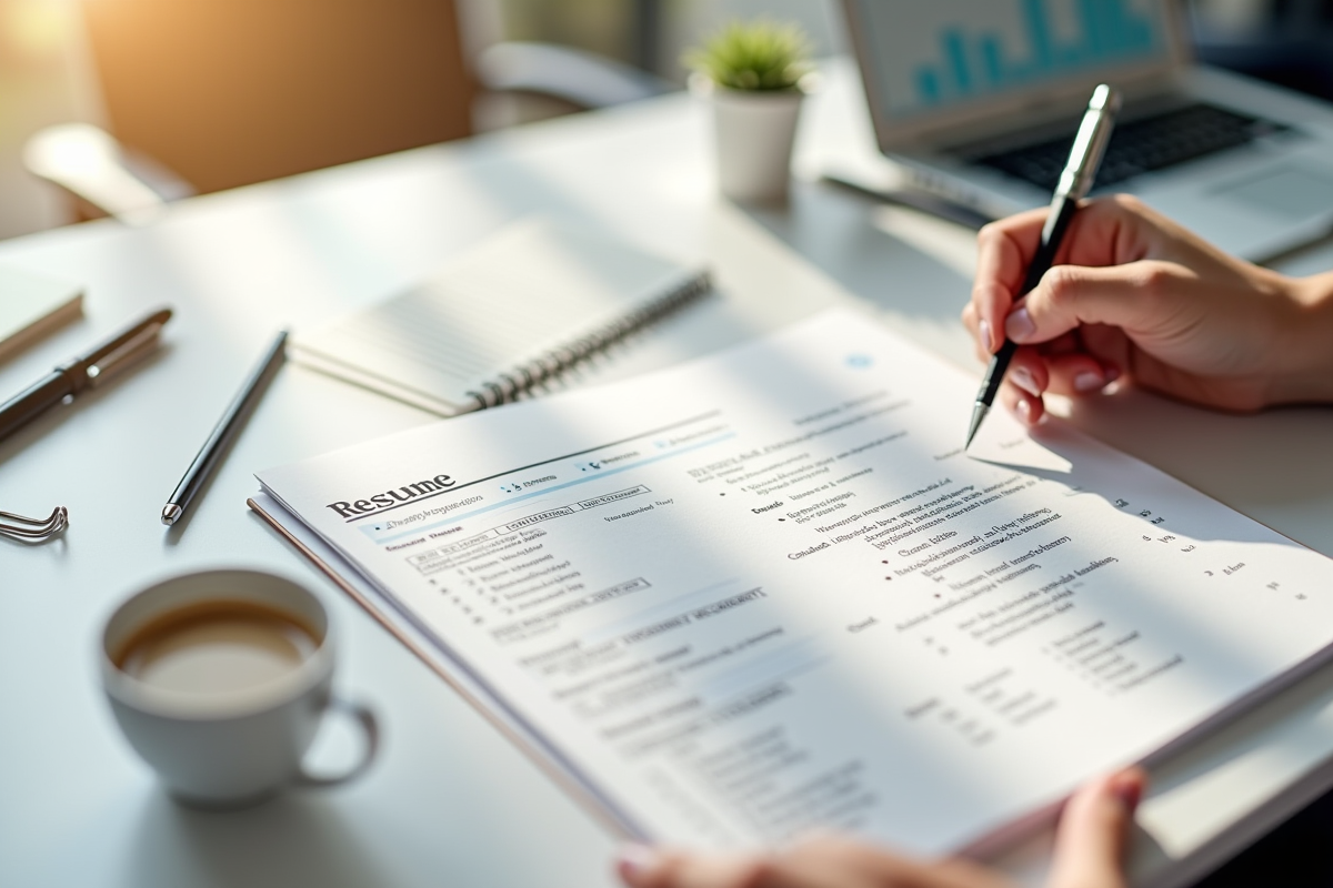 Main tenant un CV imprimé avec un carnet et une tasse de café