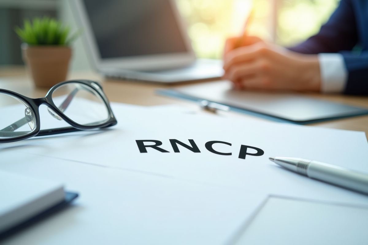 Gros plan sur documents RNCP avec stylo et lunettes sur le bureau