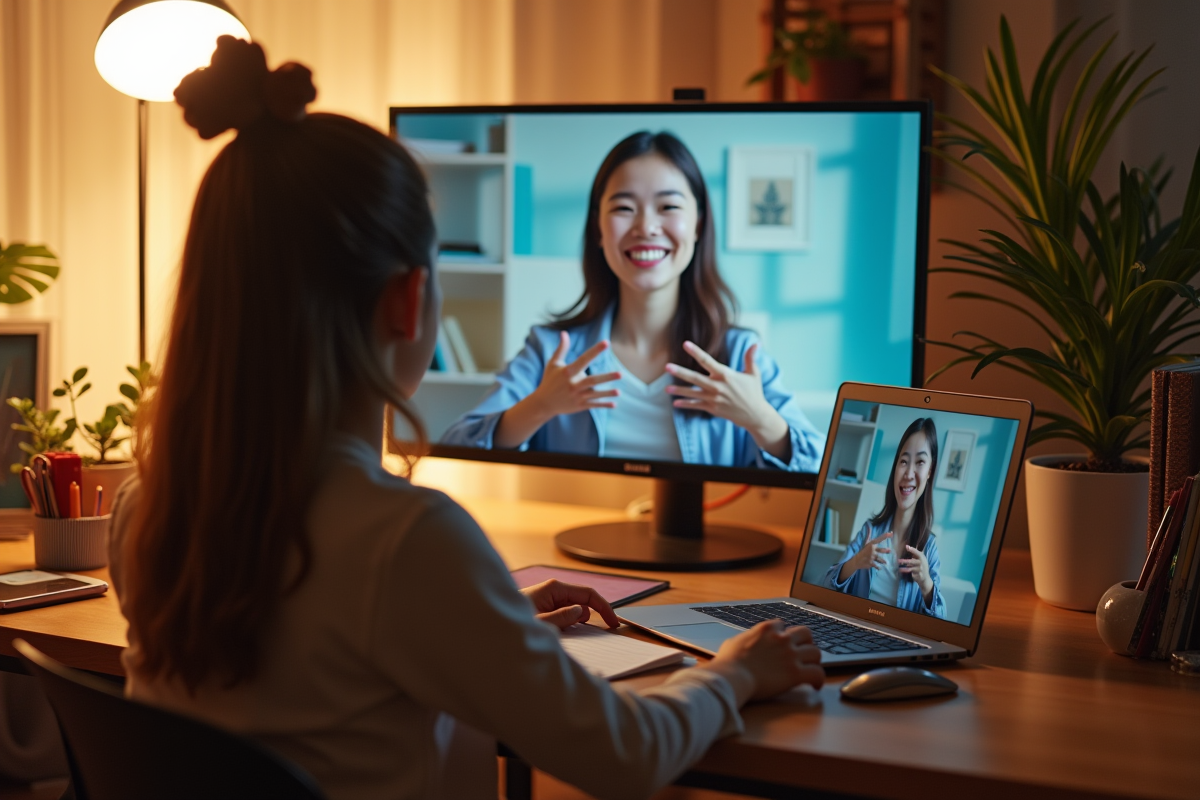 Enseignant interactif en cours virtuel avec un élève à la maison