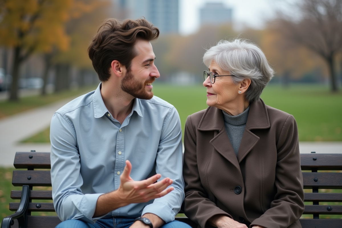 Jeune homme et femme âgée en conversation dans un parc
