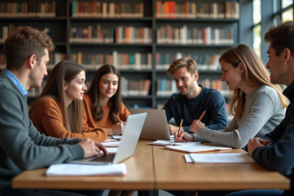 Groupe d'étudiants en bibliothèque lors d'un débat animé