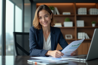 Femme d'affaires confiante en costume navy en réunion