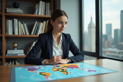 Jeune femme en bureau analysant une carte du monde