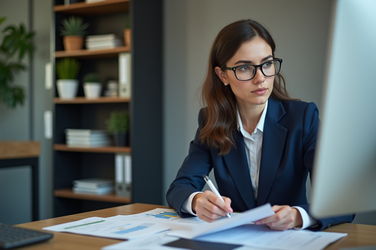 Femme en costume analyse documents financiers au bureau