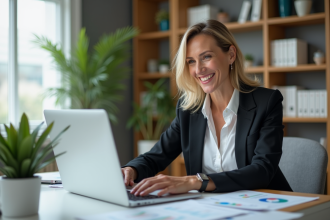 Femme confiante travaillant sur un ordinateur dans un bureau lumineux