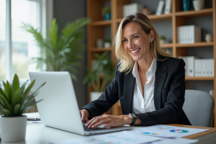 Femme confiante travaillant sur un ordinateur dans un bureau lumineux