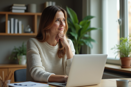 Femme réfléchissant dans son bureau à domicile