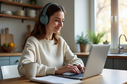 Femme en ligne d'&eacute;tudes dans une cuisine lumineuse