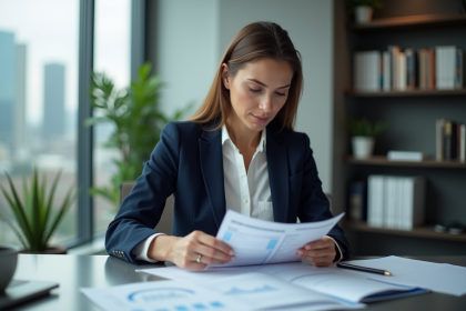 Femme en blazer navy analyse des documents financiers