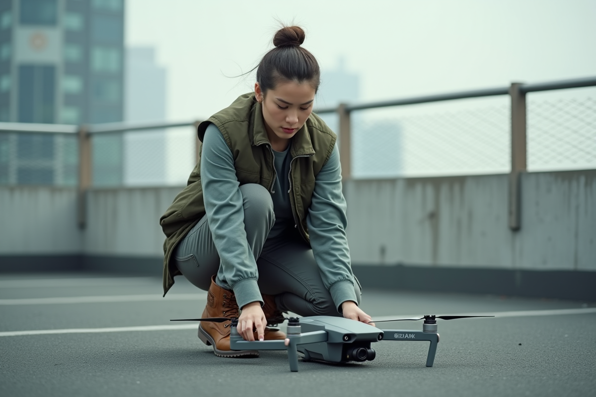Femme pilote de drone ajustant un drone sur un toit urbain