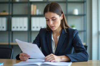 Femme professionnelle en bureau examinant des documents de formation