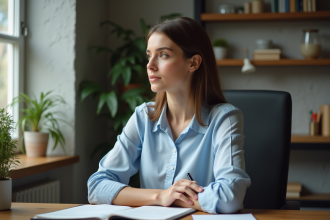Femme pensant dans un bureau moderne et calme