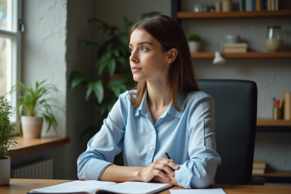 Femme pensant dans un bureau moderne et calme