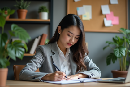 Femme concentr&eacute;e &eacute;crivant dans un bureau moderne