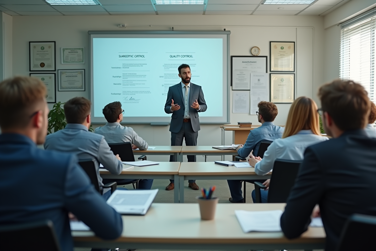 Salle de formation avec adultes et diplomas affiches