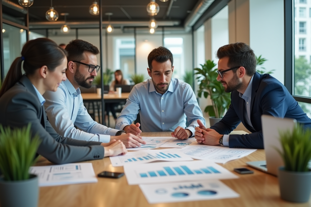 Groupe de professionnels discutant de finances en réunion