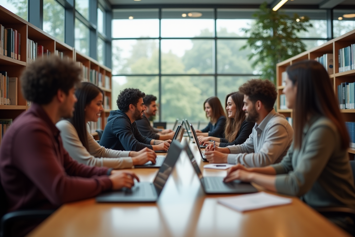 Groupe diversifié dans une bibliothèque moderne en train de travailler