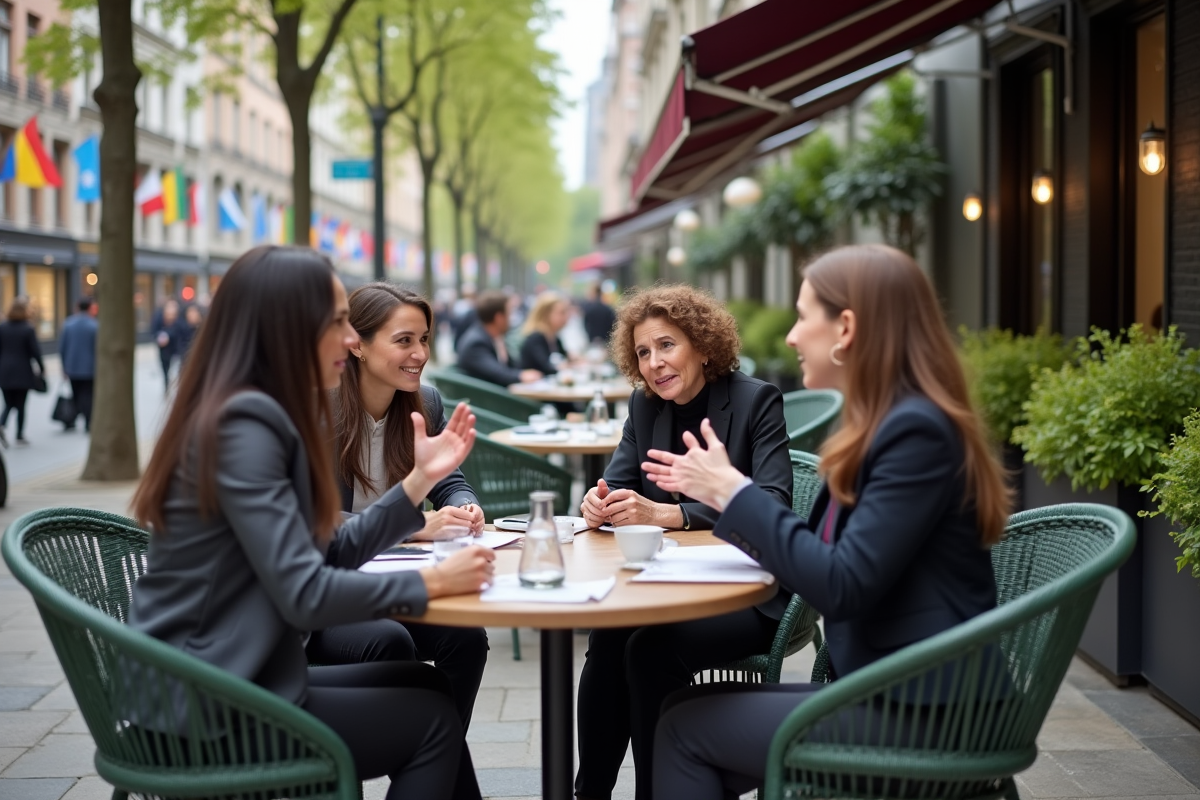 Professionnels discutant dans un café en plein air