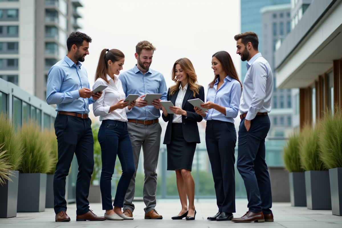 Groupe de professionnels discutant en extérieur