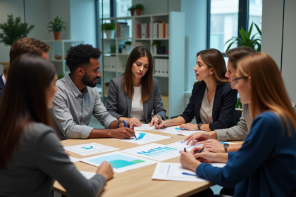 Groupe de professionnels en réunion d'évaluation
