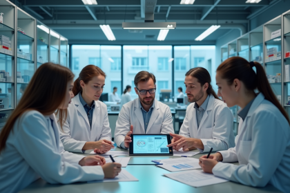 Groupe de scientifiques discutant dans un laboratoire moderne