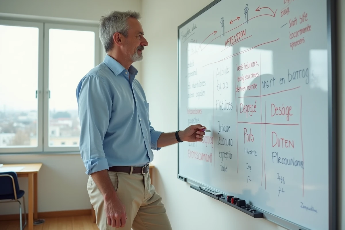 Homme en chemise bleue dessine des parcours professionnels au tableau blanc