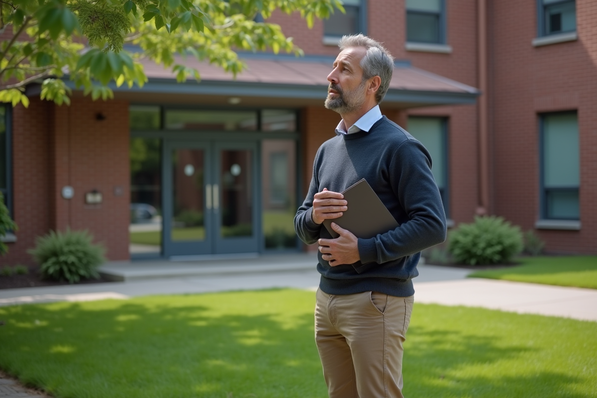 Homme confiant devant centre de formation extérieur