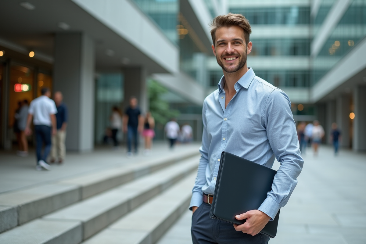 Homme souriant devant un bâtiment de bureau urbain