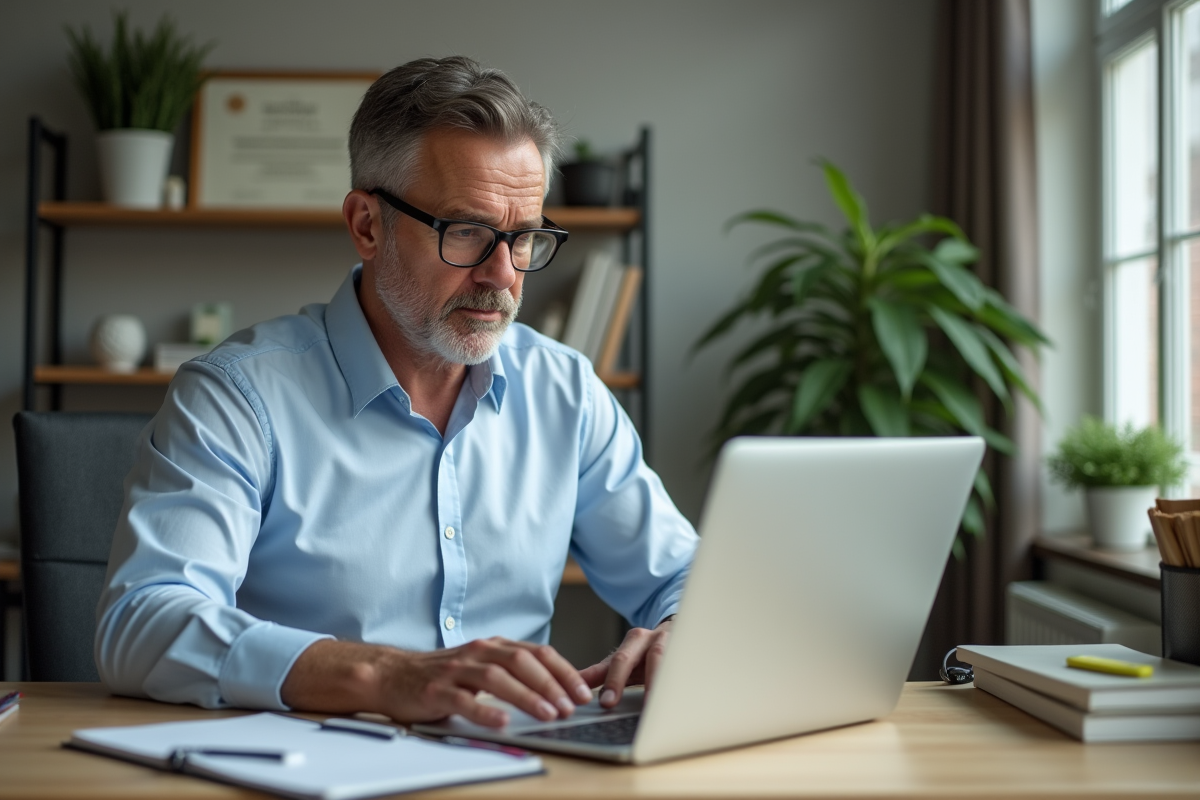 Homme d âge moyen travaillant sur son CV à domicile