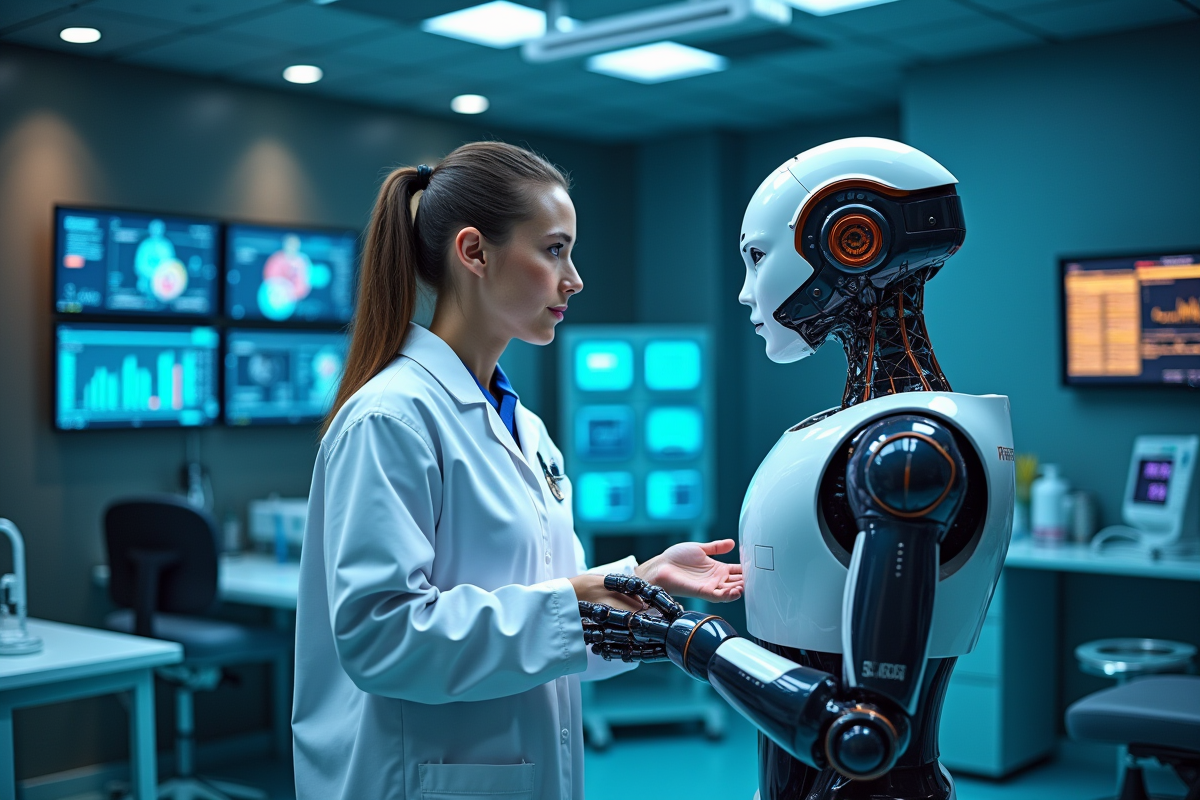 Ingénieur en robotique et professionnel de santé avec robot médical avancé