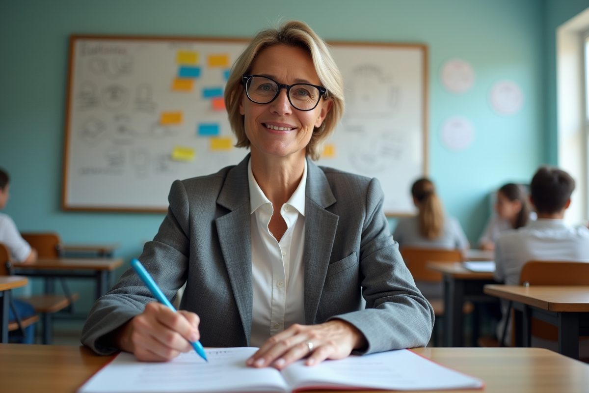 Instructrice évaluant des formulaires en classe