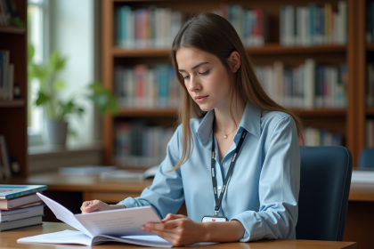 Jeune femme lisant brochure sur les carrières médicales
