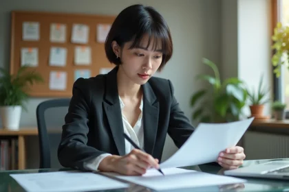 Jeune femme en bureau professionnel avec documents et plantes