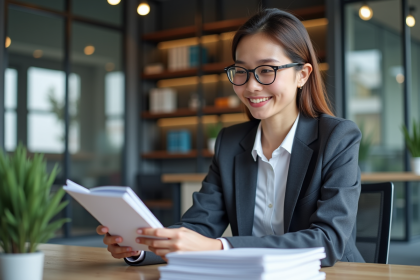 Jeune femme en bureau lisant brochures gestion université
