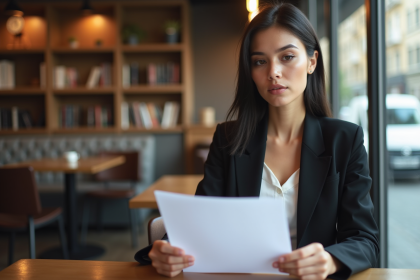 Jeune femme d affaires relisant son CV dans un café