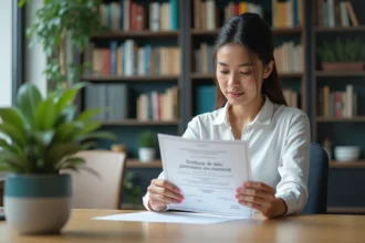 Jeune femme examine un diplôme universitaire coloré dans un bureau moderne