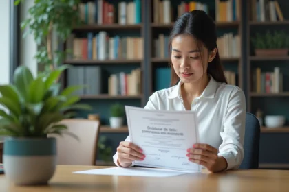 Jeune femme examine un dipl&ocirc;me universitaire color&eacute; dans un bureau moderne