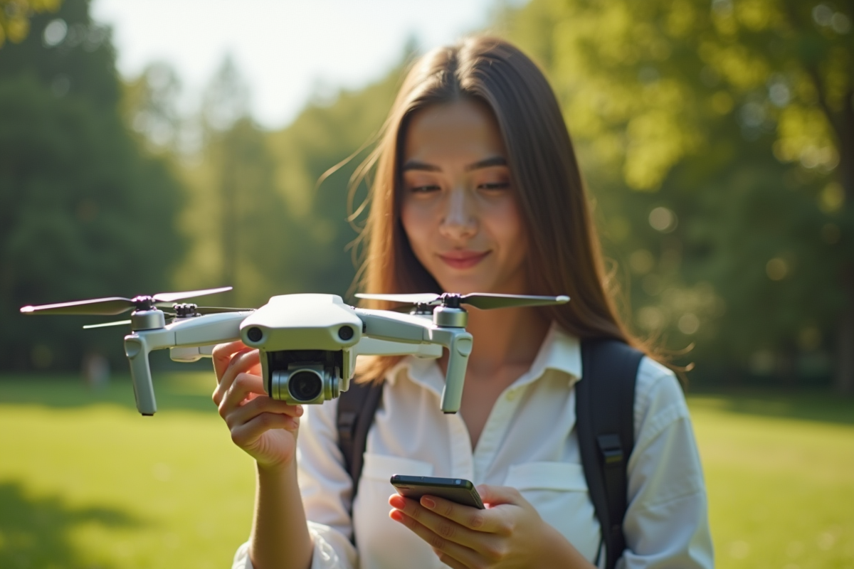 Jeune femme expérimentant avec un drone dans un parc en plein air