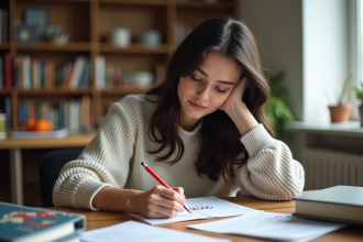 Jeune femme écrit seize dans un cahier à la maison