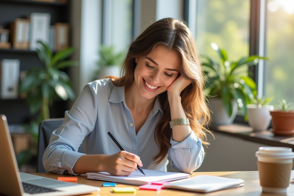 Jeune femme souriante écrivant ses objectifs dans un bureau lumineux