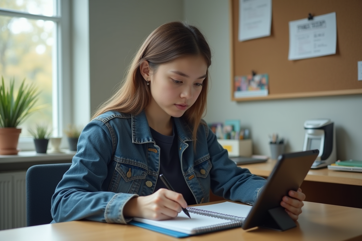 Jeune femme utilisant une tablette dans sa chambre d