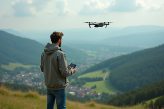 Jeune homme drone pilote sur une colline verte en plein vol