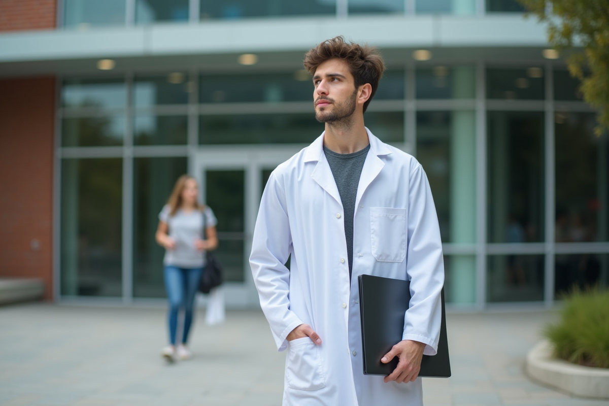 Jeune homme en blouse médicale devant universite