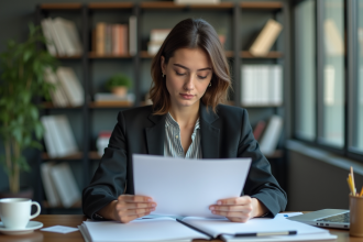 Jeune femme professionnelle lisant un document ISTC dans un bureau moderne