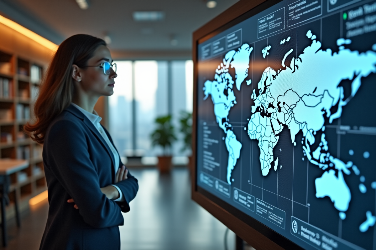 Jeune femme chercheuse observant une carte digitale dans un bureau