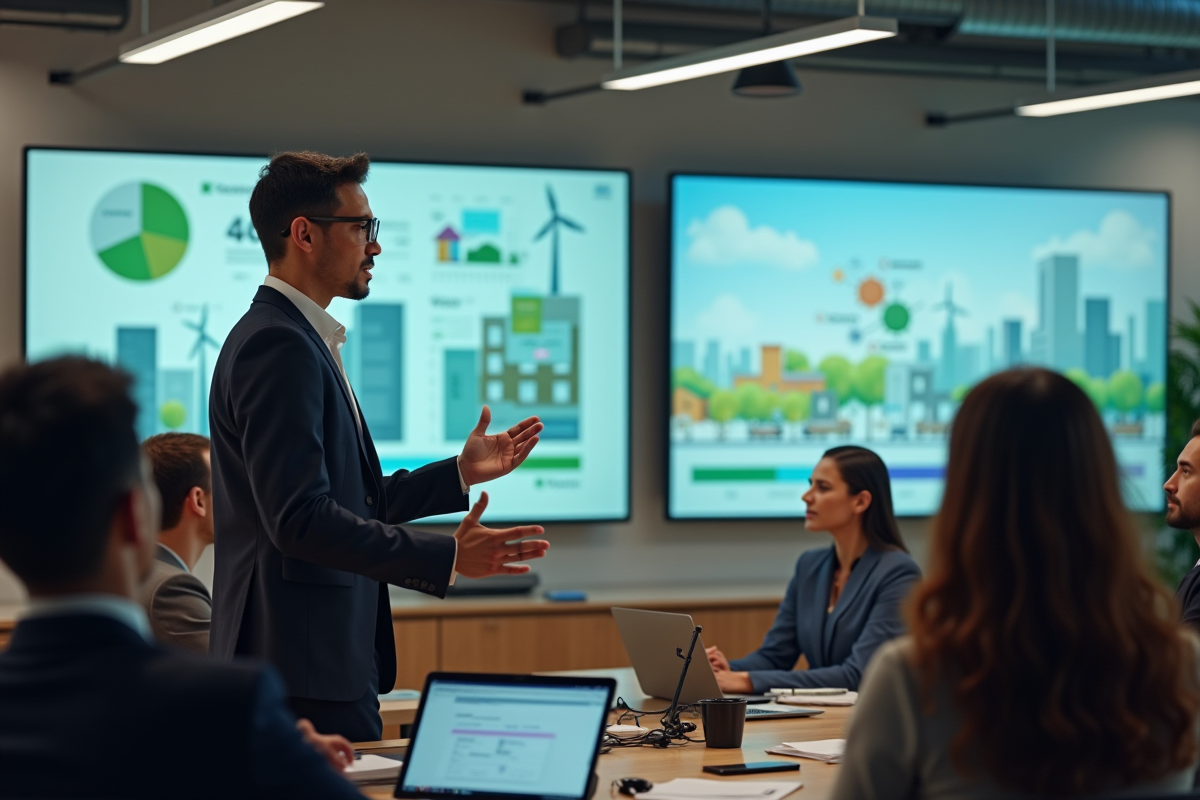 Manager présentant les initiatives ESG à une équipe diversifiée