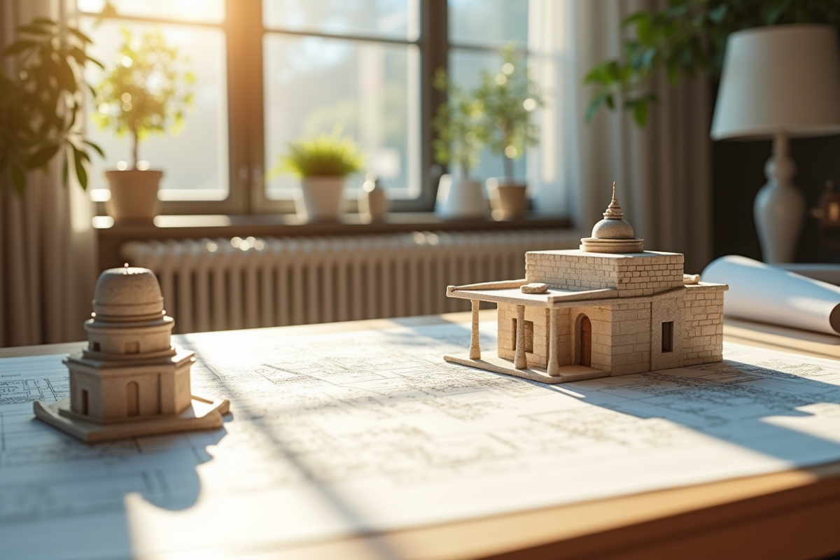 Échelle de maquettes architecturales sur un bureau lumineux