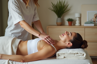 Femme détendue recevant un massage dans un centre bien-être